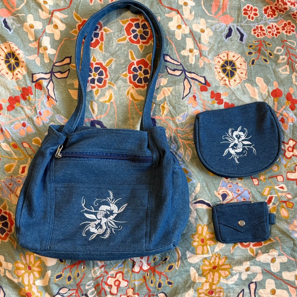 Vintage Blue Canvas Shoulder Bag with Floral Embroidery